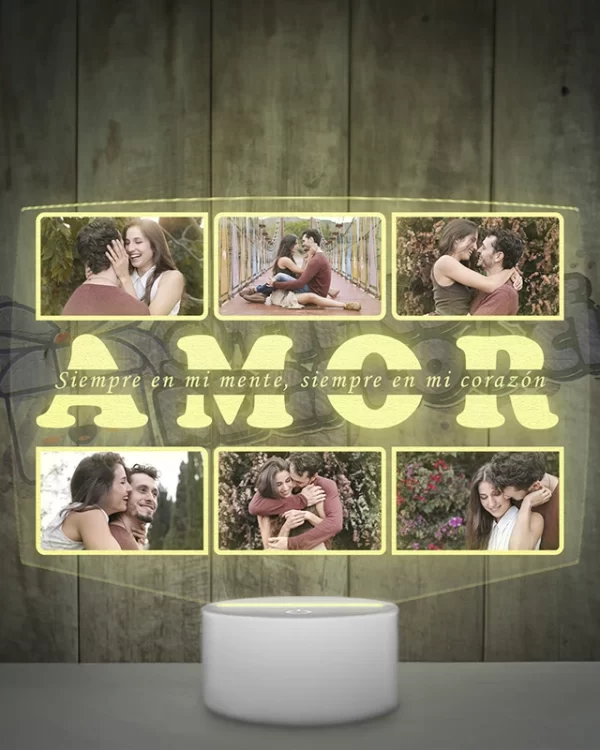 Lampara led personalizada para parejas que contiene 6 fotografias y una frase